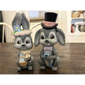 Vintage Porcelain Ceramic Rabbit Bunny Figurines Pair Easter Ma And Pa
